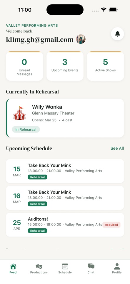 Green Room mobile production feed showing upcoming calls, productions, and schedule navigation